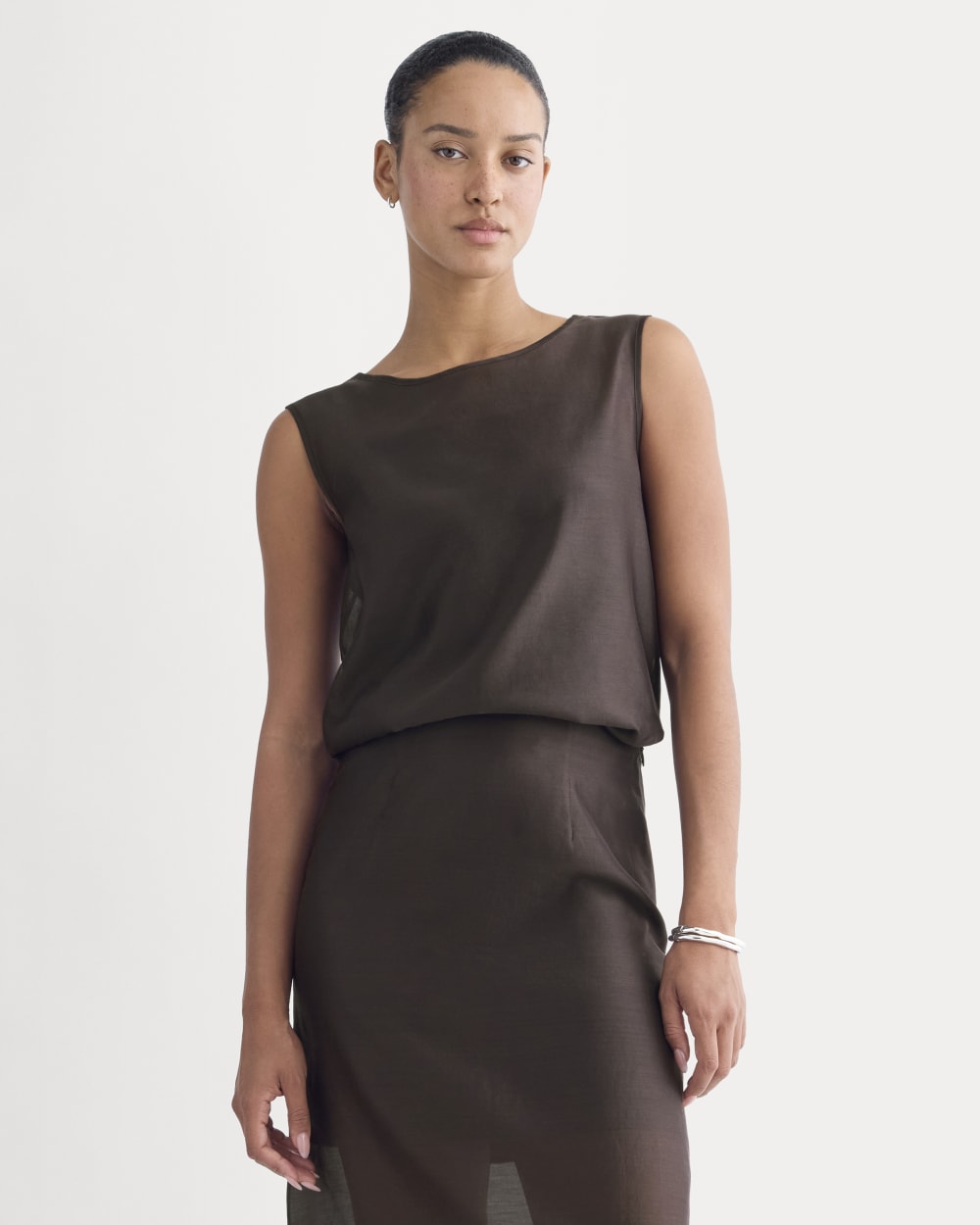 Sleeveless Top In Cotton-Silk Organza | Dark Chocolate