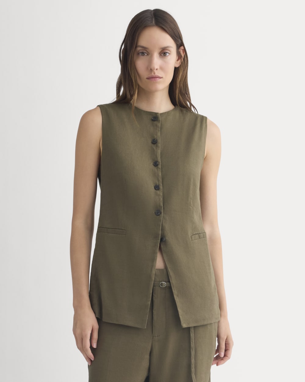 Long Vest In Stretch Linen | Beech
