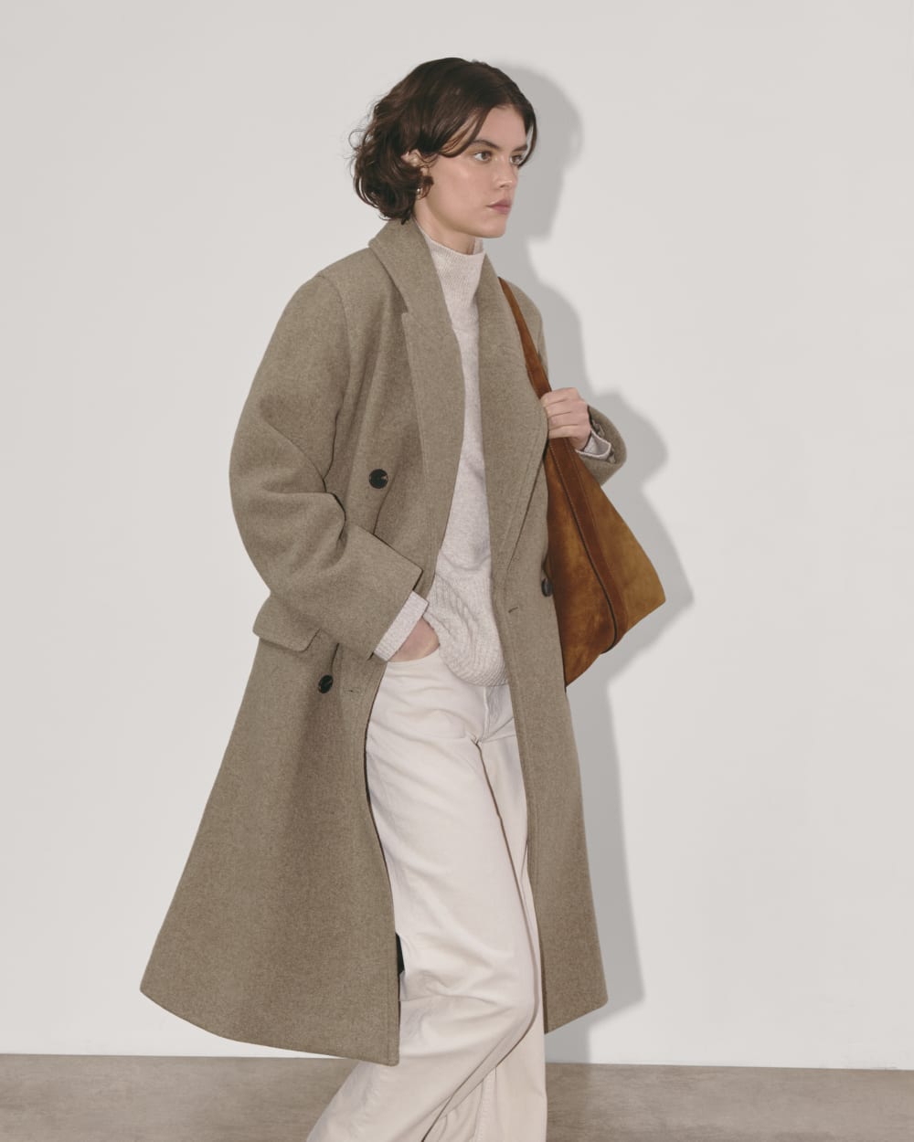 The Double-Breasted Coat In Wool | Heather Taupe - Image 3