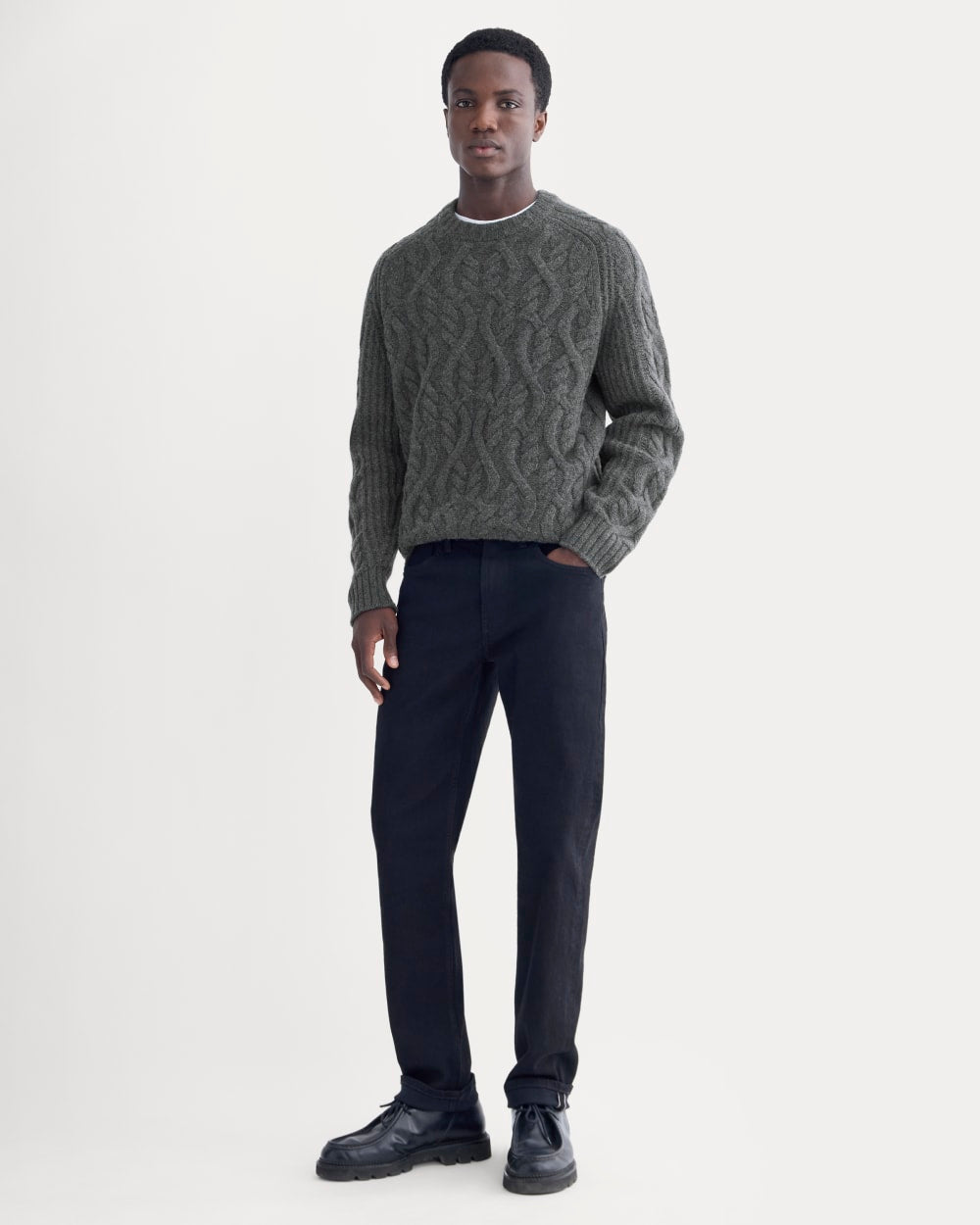 Cable Knit Crew In Luxe Merino | Heathered Soot - Image 3