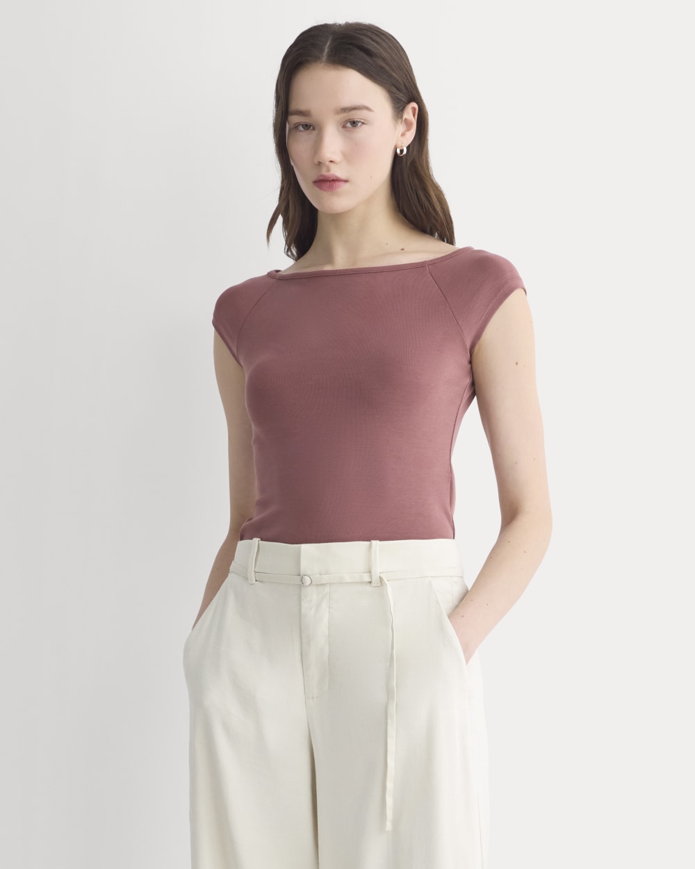 Boatneck Cap-Sleeve Top In Butterknit | Henna Red