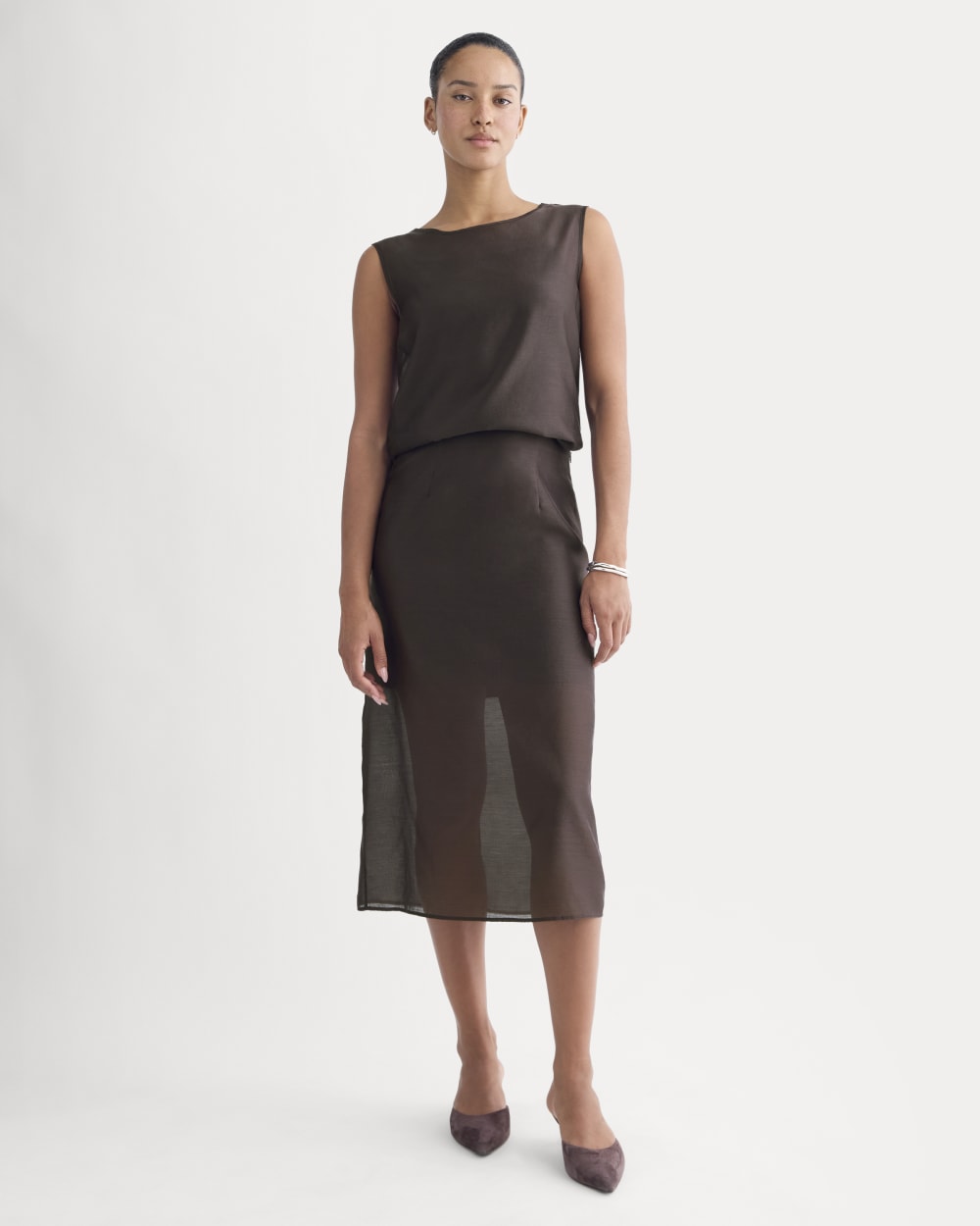 Sleeveless Top In Cotton-Silk Organza | Dark Chocolate - Image 3