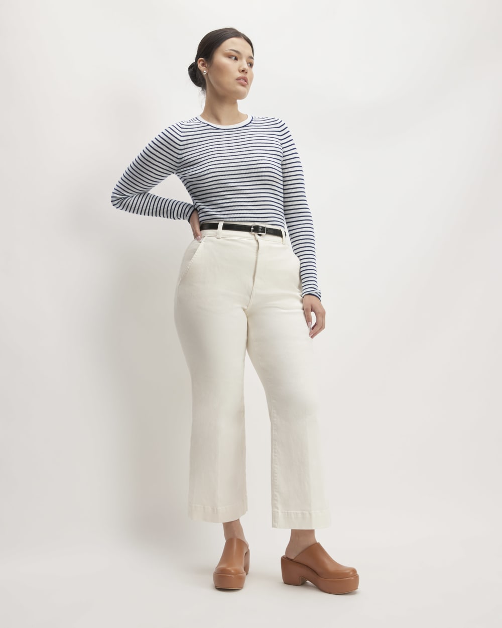 The Long-Sleeve Sweater Tee In Ultrasoft Merino | Bone/Navy - Image 3