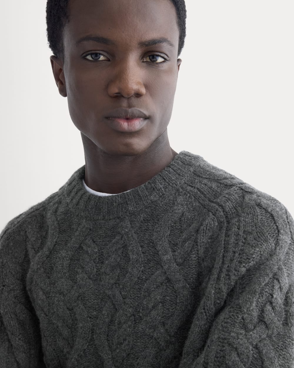 Cable Knit Crew In Luxe Merino | Heathered Soot - Image 4