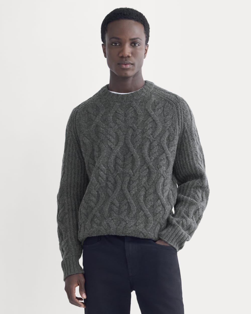 Cable Knit Crew In Luxe Merino | Heathered Soot